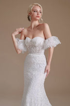 Long Mermaid Sweetheart Lace Wedding Dress with Detachable Sleeves BM bride