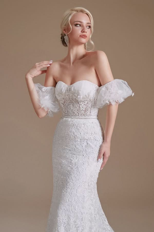 Long Mermaid Sweetheart Lace Wedding Dress with Detachable Sleeves BM bride