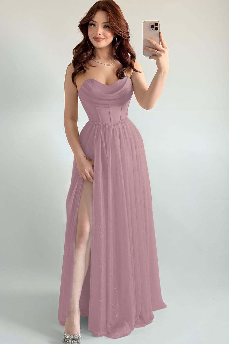 Spaghetti Strap Sleeveless Long High Split Prom Dress With Pleated BMBRIDE
