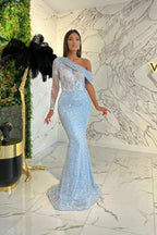 Elegant One Shoulder Long Sleeve Mermaid Evening Dress On Sale with Sequins BM bride