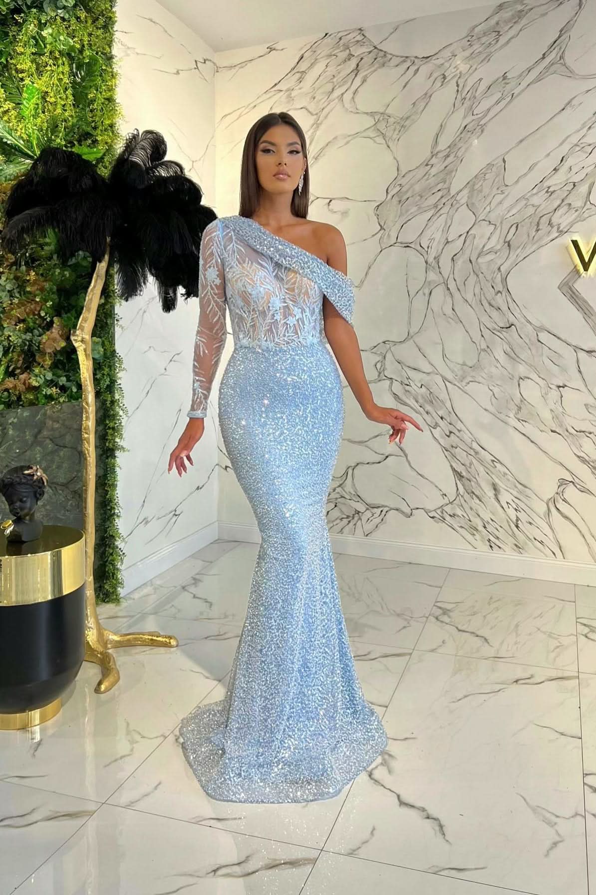 Elegant One Shoulder Long Sleeve Mermaid Evening Dress On Sale with Sequins BM bride