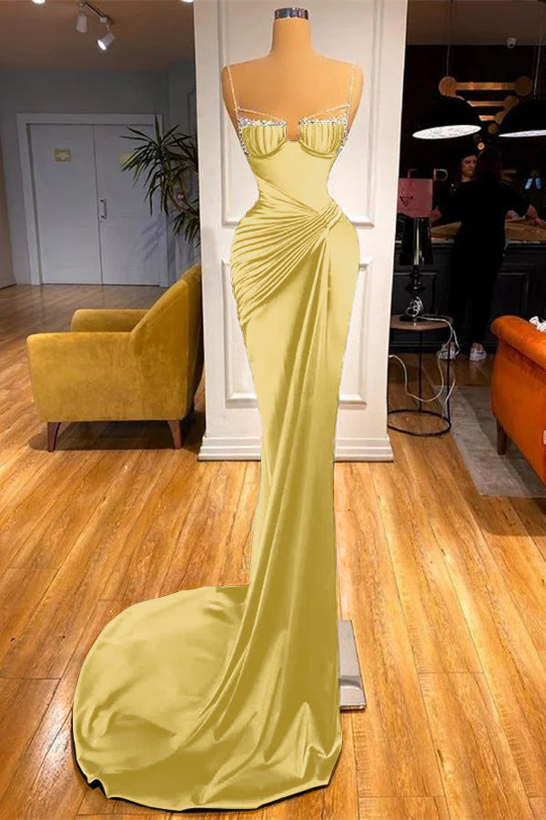 Mermaid Dark Green Spaghetti Strap Sleeveless Long Prom Dress With Beadings BMBRIDE