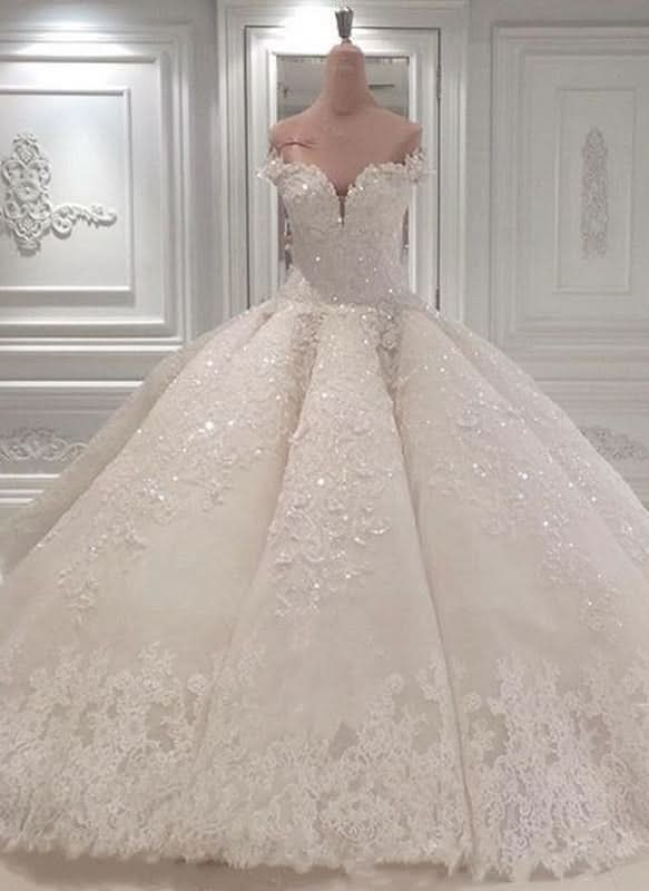 Gorgeous Off-the-Shoulder Ball Gown Wedding Dress with Beadings BM bride