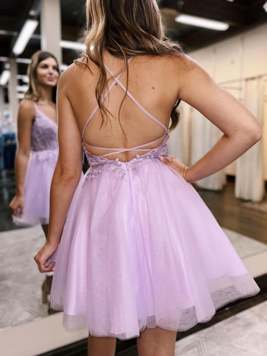 Charming A-Line Backless Tulle Appliqued Homecoming Dress BM bride