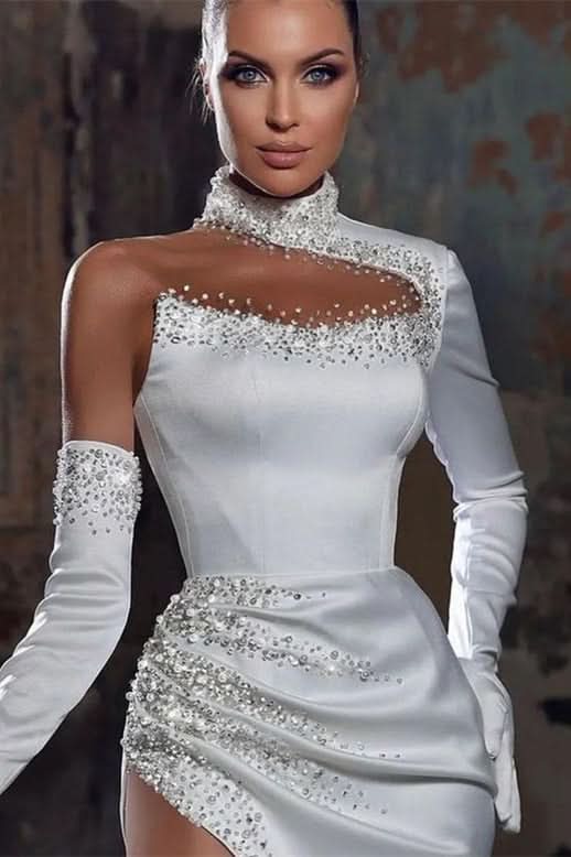 Chic White Halter Mermaid Prom Dress with Beadings Pleated High Slit BM bride