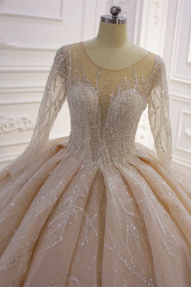 Bateau Long Sleeve Floor-Length Ball Gown Wedding Dress with Ruffles BM bride