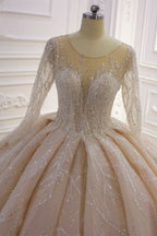 Bateau Long Sleeve Floor-Length Ball Gown Wedding Dress with Ruffles BM bride