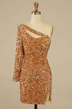 Purple Cut Out Open Back One Shoulder Sequins Homecoming Dress