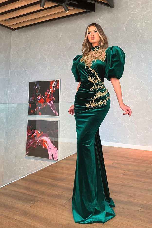 Mermaid Dark Green Bubble Sleeves Pleated Long Prom Dress With Beadings