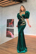 Mermaid Dark Green Bubble Sleeves Pleated Long Prom Dress With Beadings