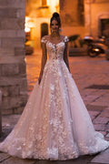 A-Line Bateau Backless Floor-Length Sequin Wedding Dress with Lace Appliques BM bride