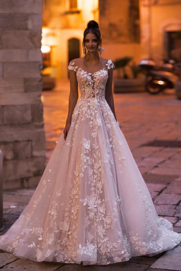 A-Line Bateau Backless Floor-Length Sequin Wedding Dress with Lace Appliques BM bride