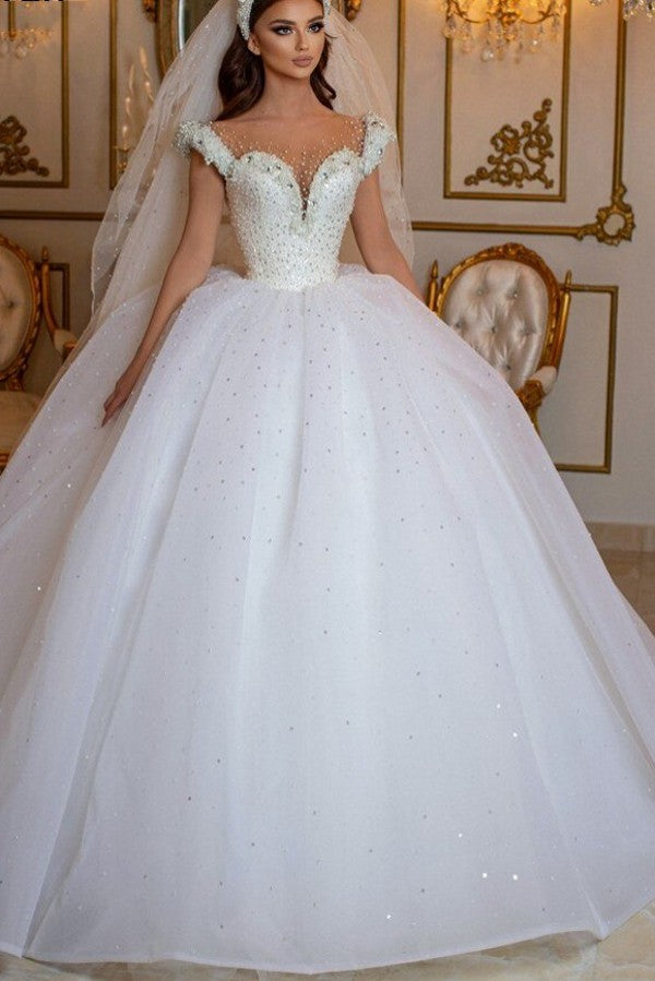 Glamorous Off-the-Shoulder Beaded Princess Wedding Dress with Pearl and Tulle BM bride