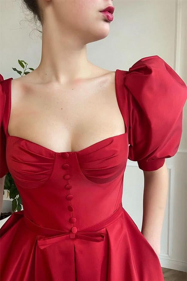 Online Wine Red Front Split Short Square Neck Prom Dress with Short Sleeves BM bride