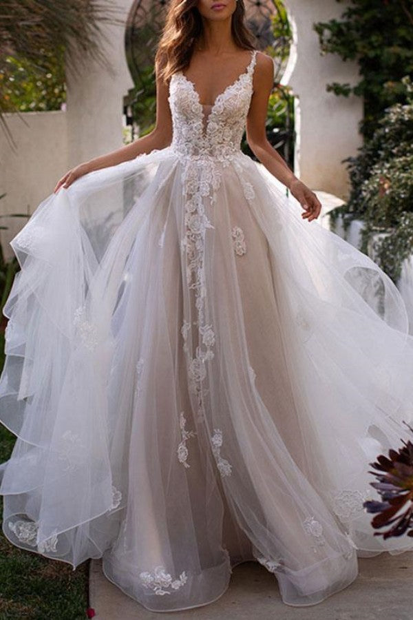 V-Neck Sleeveless Tulle Lace Wedding Dress BM bride