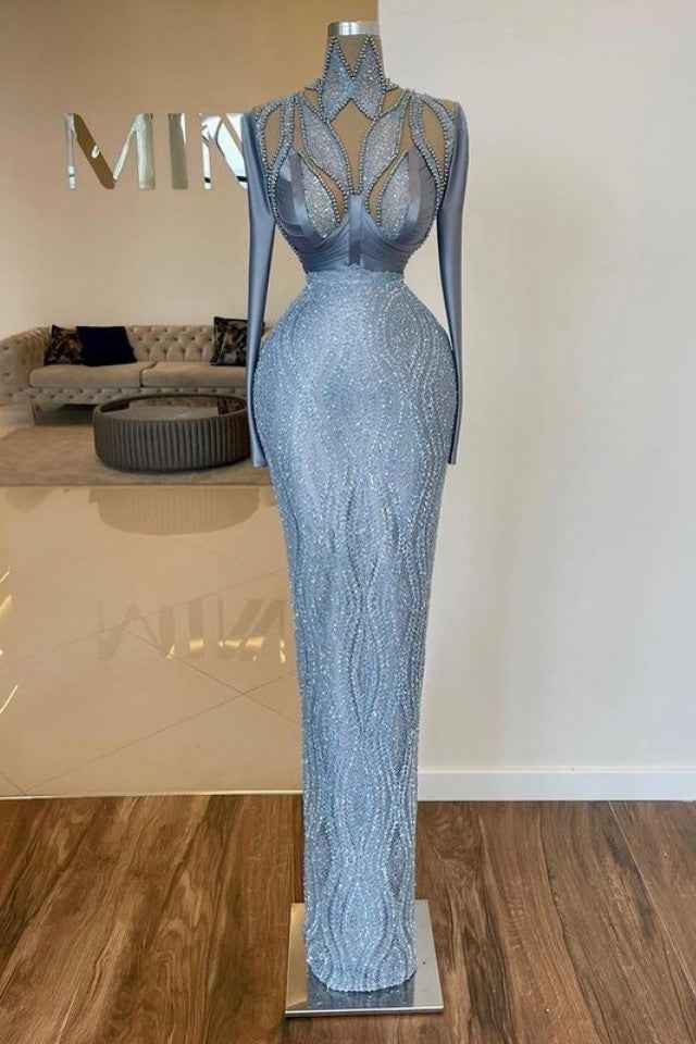 Heavy High Neck Prom Dress Long Sleeves With Sequins Beading