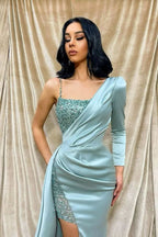 Light Green One-Shoulder Mermaid Evening Dress with Sequin Front Split BM bride