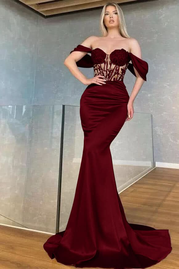 Off-the-Shoulder Sweetheart Mermaid Prom Dress with Beads BM bride