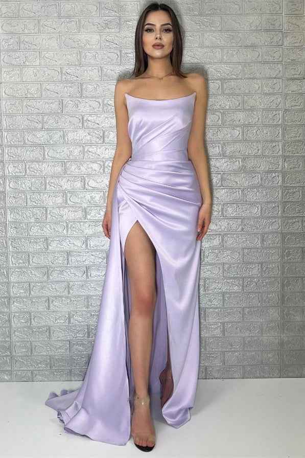 Chic Purple Sleeveless Strapless Mermaid Pleated Long Prom Dress With Split