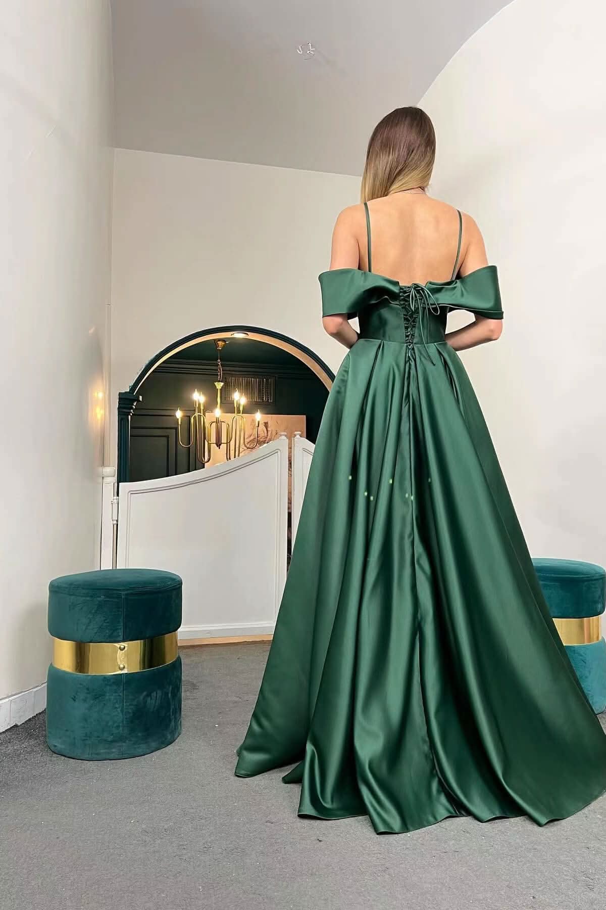 Spaghetti-Strap Off-the-Shoulder A-Line Lace-Up Back Long Evening Dress BM bride