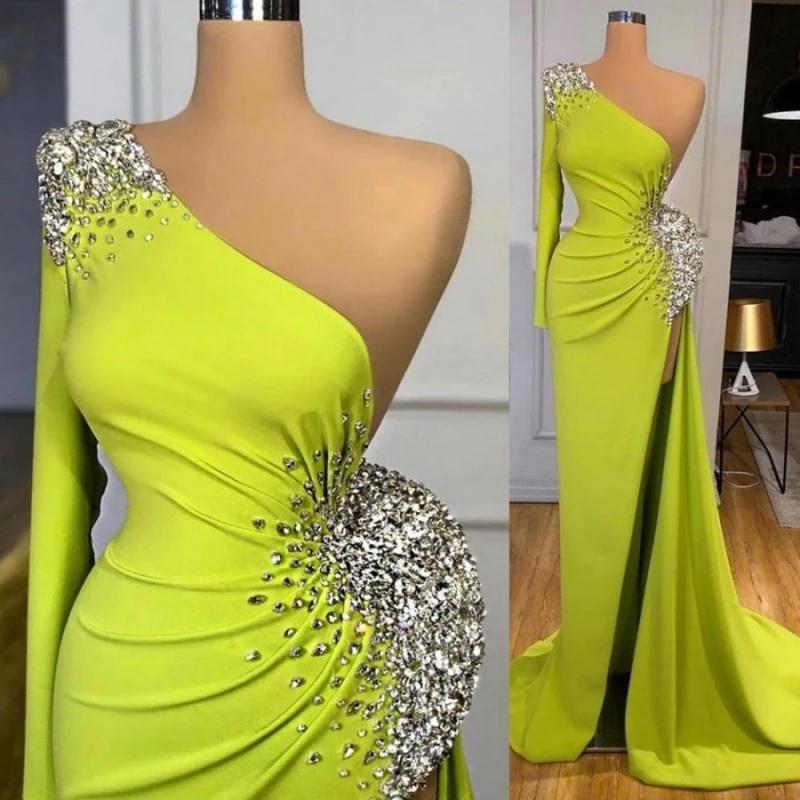 Yellow Green Long Sleeves Mermaid Prom Dress with Split and Beads BM bride