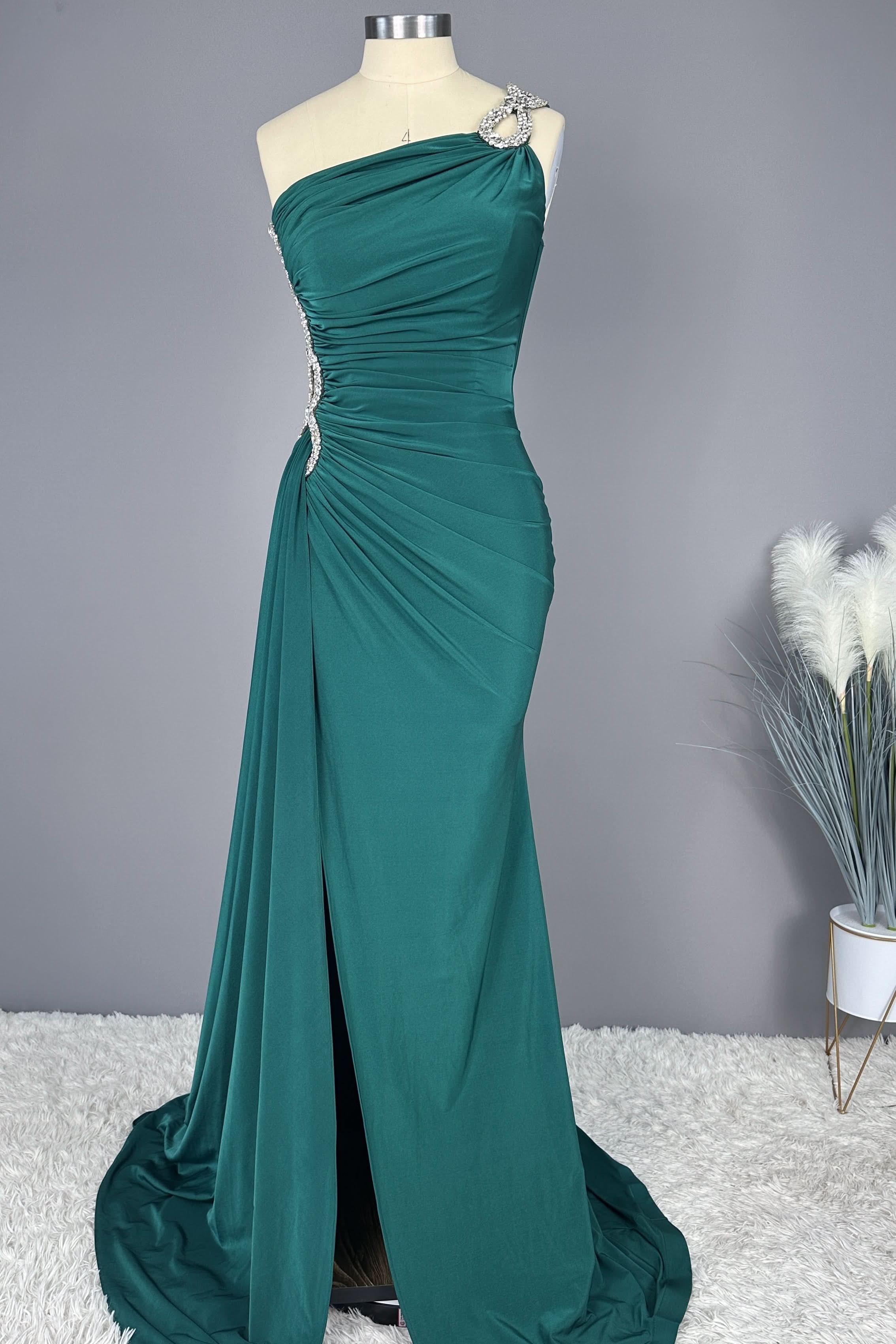 Emerald Green Sleeveless One-Shoulder Appliqued Long Prom Dress BM bride