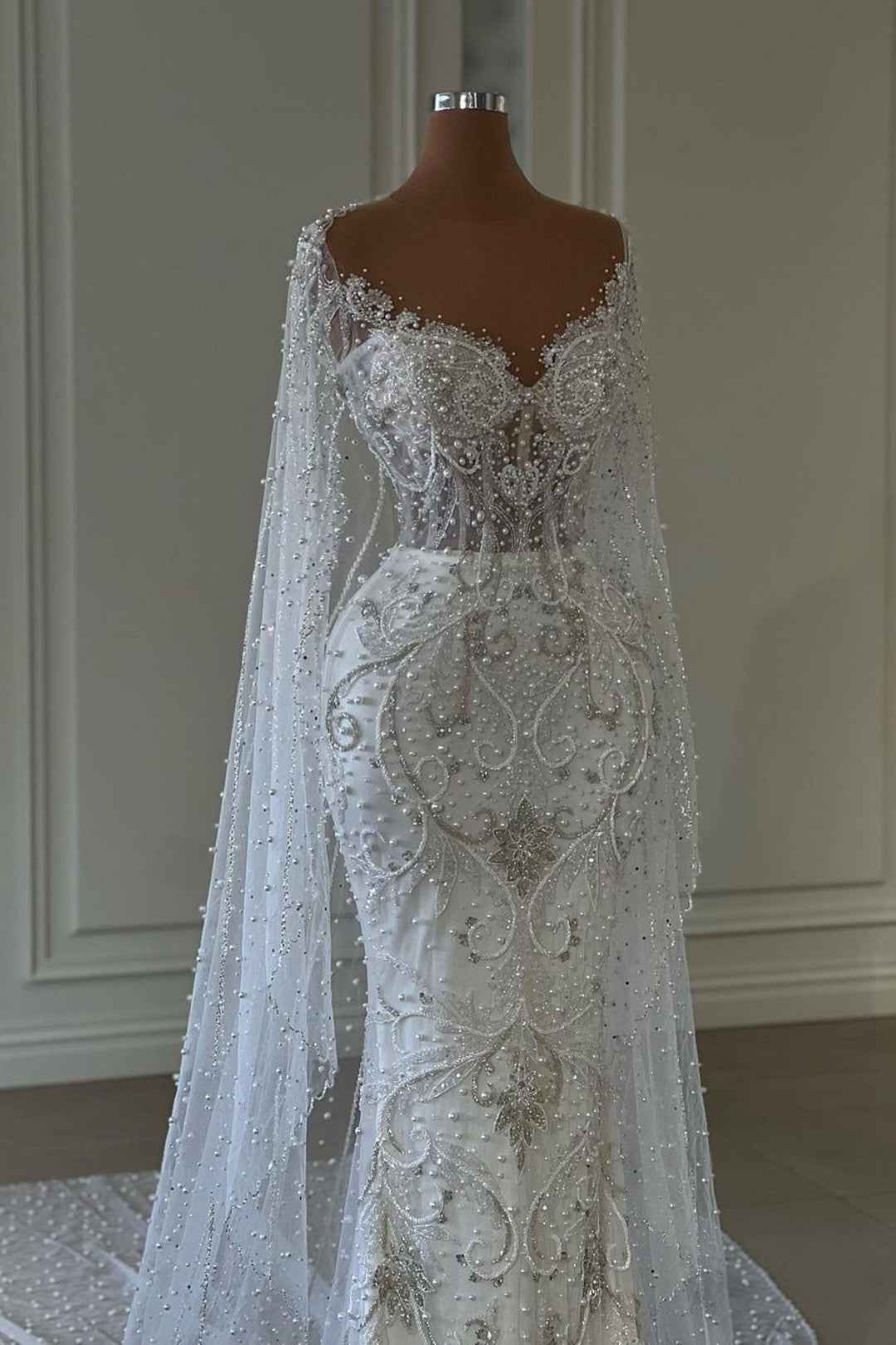 Long Sleeve White Wedding Dress with Beading on Tulle BM bride