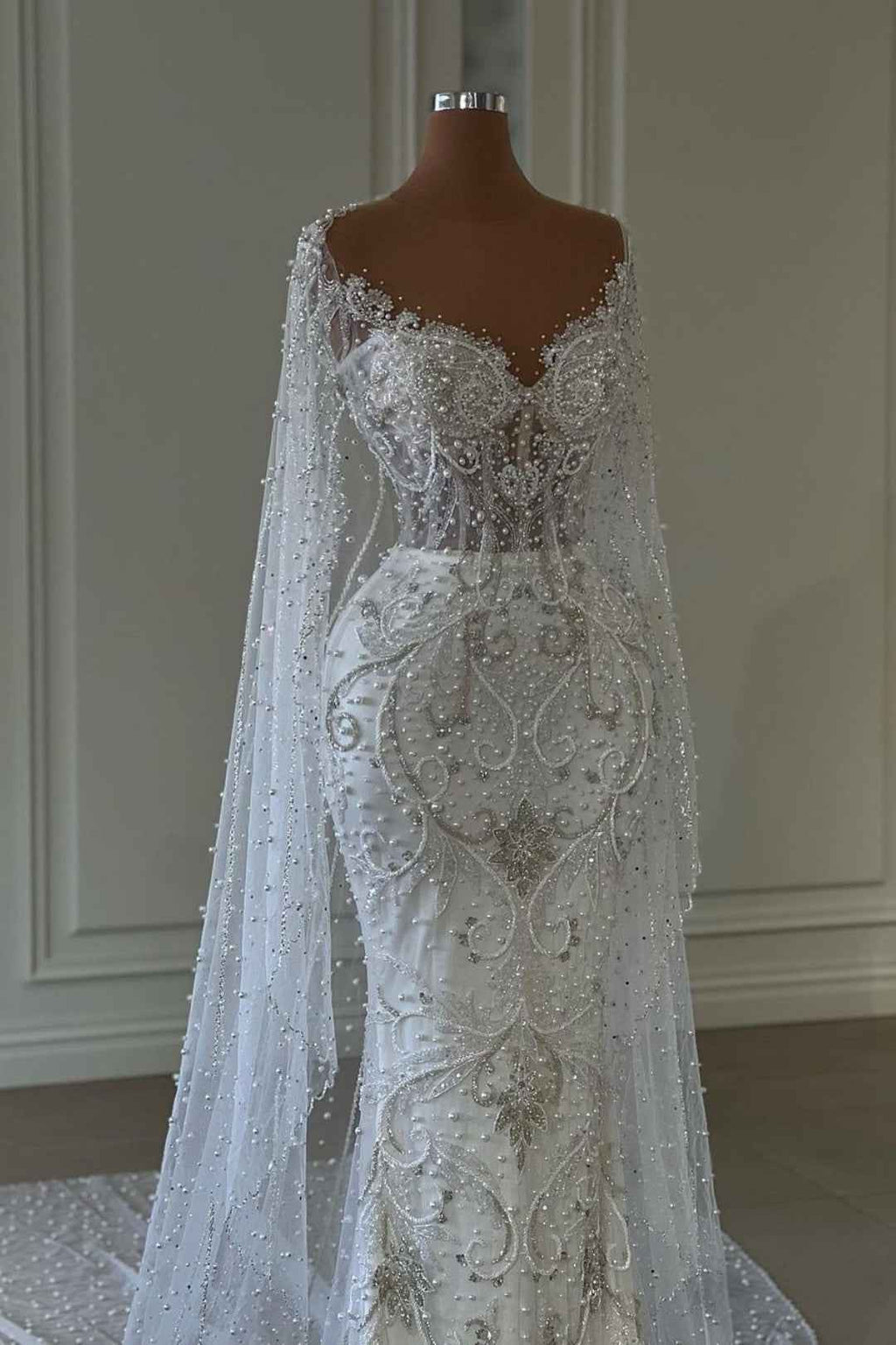 Long Sleeve White Wedding Dress with Beading on Tulle BM bride
