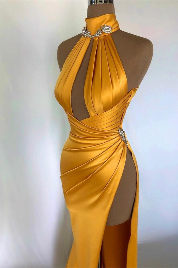Elegant Sexy Champagne Gold Evening Dress with Off-the-Shoulder High Neck and Pleated Slit BM bride