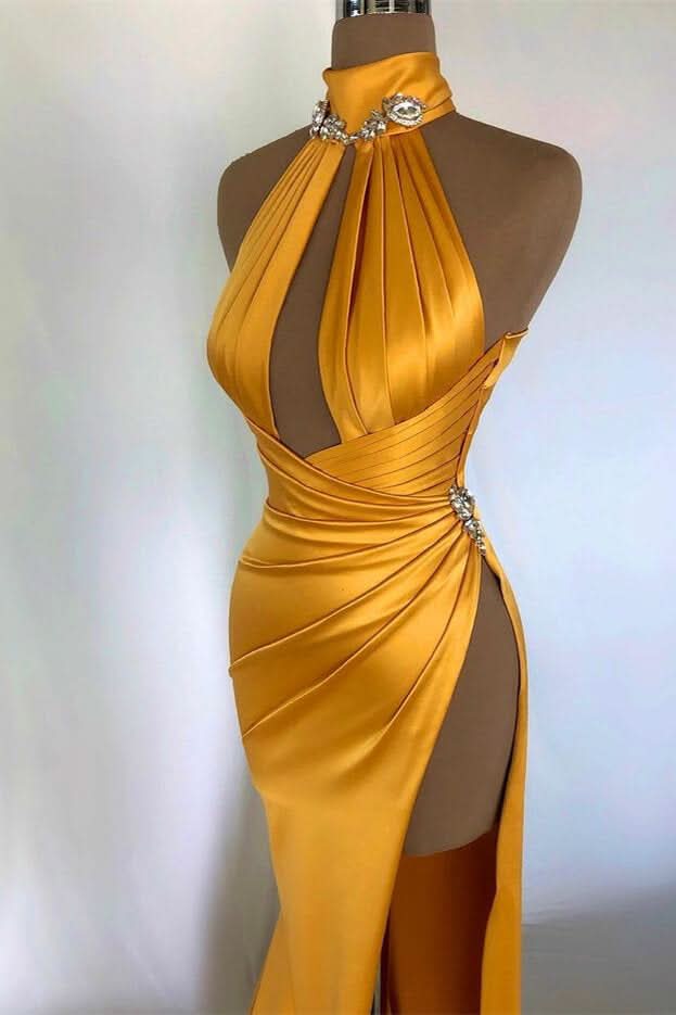 Elegant Sexy Champagne Gold Evening Dress Off-the-Shoulder High Neck with Pleated Slit BM bride