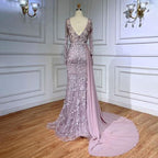 Pink Long Sleeve Evening Dress with Chiffon Train, Beaded Lace Printing BM bride