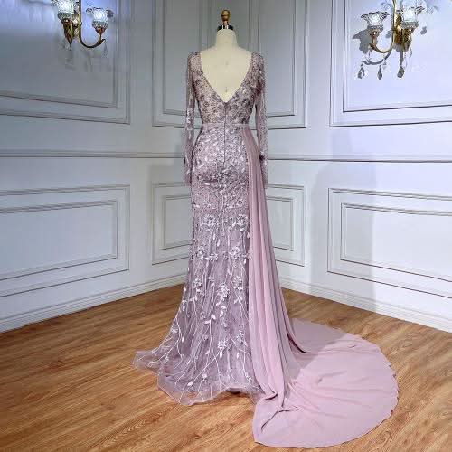 Pink Long Sleeve Evening Dress with Beaded Lace Printing and Chiffon Train BM bride