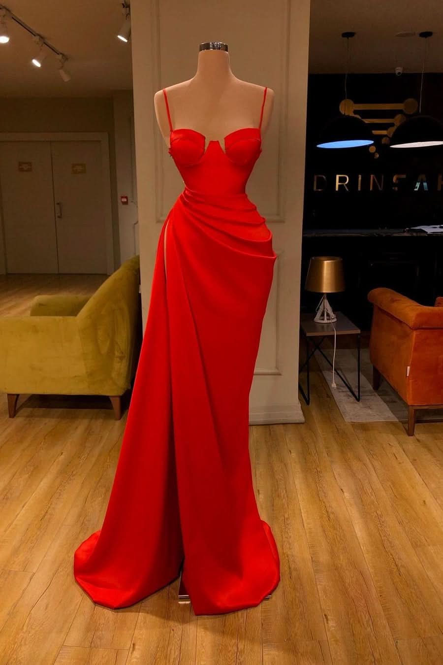 Red Spaghetti-Straps Mermaid Prom Dress with Split BM bride