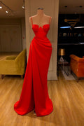 Mermaid Red Spaghetti Strap Sleeveless Pleated Prom Dress With High Split