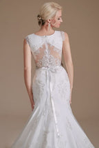 Mermaid Jewel Neck Long Wedding Dress with Tulle Lace BM bride