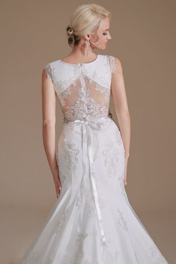 Mermaid Jewel Neck Long Wedding Dress with Tulle Lace BM bride