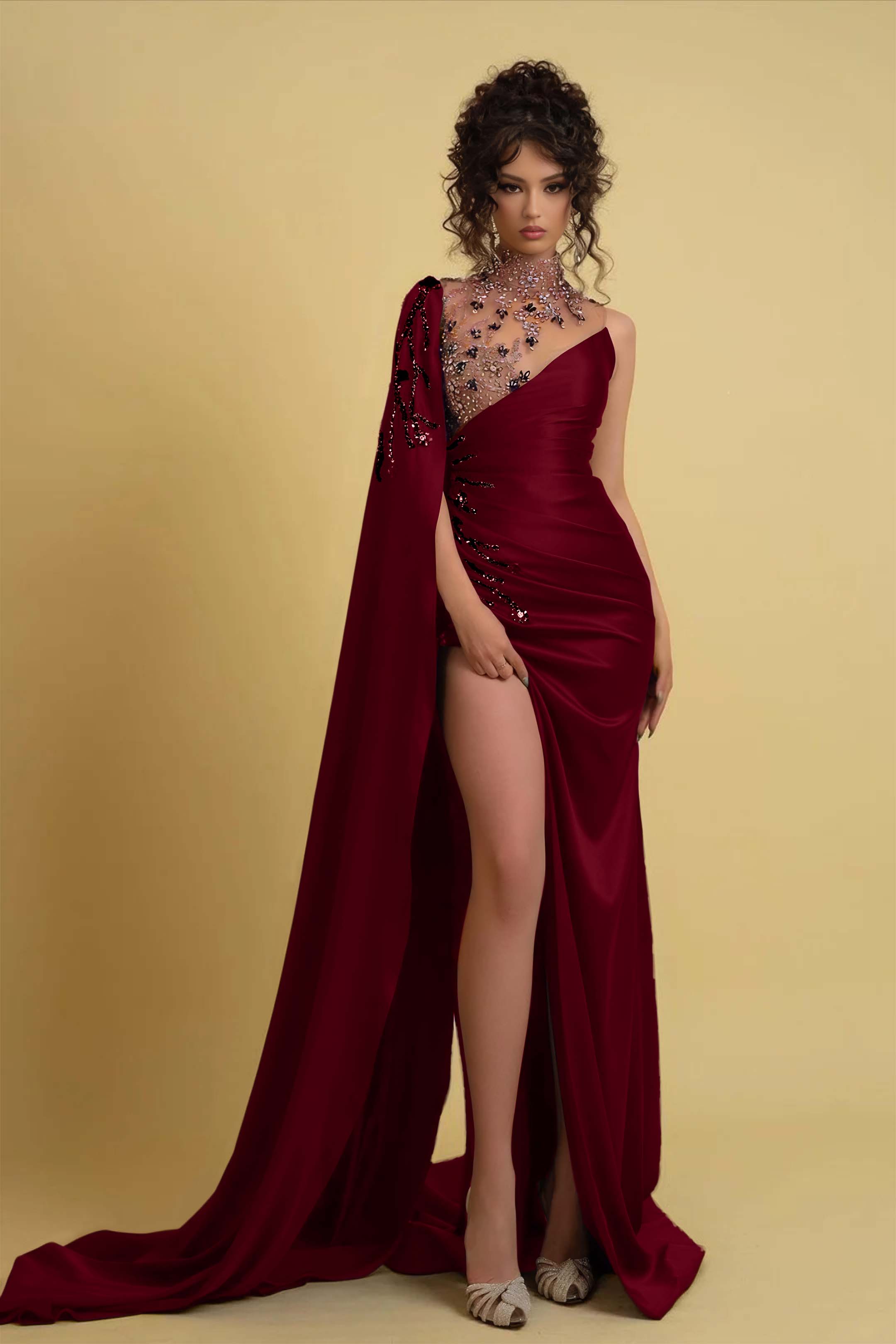 High Neck Prom Dress Regency One Shoulder With Ruched Beads BMBRIDE