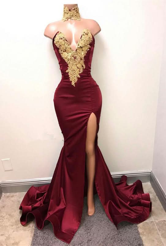 Burgundy V-Neck Mermaid Prom Dress with Split and Lace Appliques BM bride