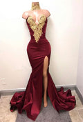 Burgundy V-Neck Mermaid Prom Dress with Split and Lace Appliques BM bride