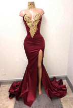 Burgundy V-Neck Mermaid Prom Dress with Split and Lace Appliques BM bride