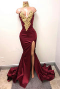Mermaid Burgundy Deep V Neck Sleeveless Prom Dress Split With Lace Appliques