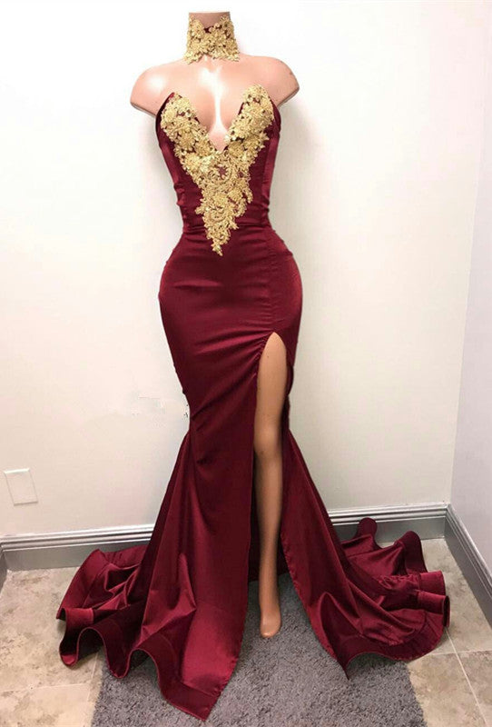 Mermaid Burgundy Deep V Neck Sleeveless Prom Dress Split With Lace Appliques