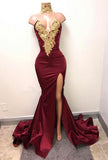 Burgundy V-Neck Mermaid Prom Dress with Split and Lace Appliques BM bride
