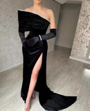 Off-the-Shoulder Black Satin Prom Dress with Gloves BM bride
