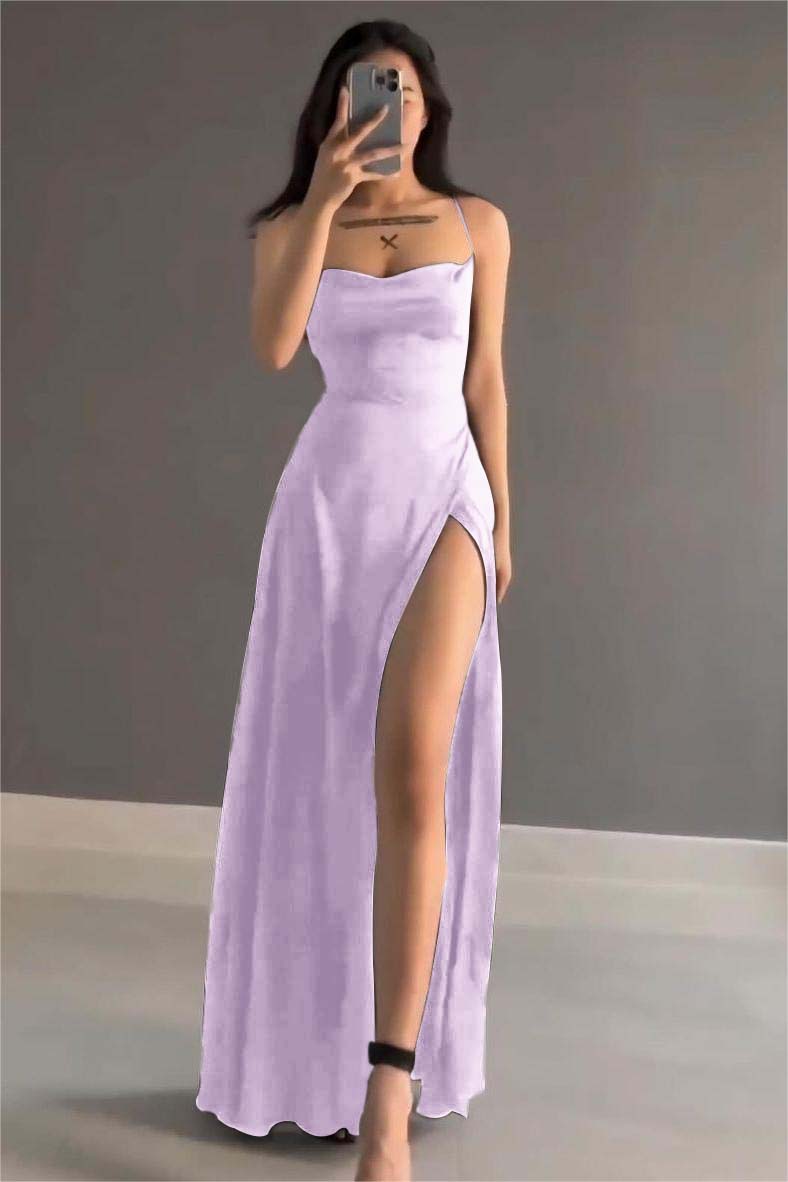 Simple Black Stain Spaghetti Strap Sleeveless Long Prom Dress With Split BMBRIDE