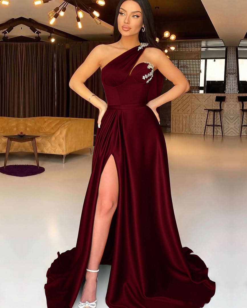 Dark Green One-Shoulder Mermaid Evening Dress with Split and Beadings BM bride