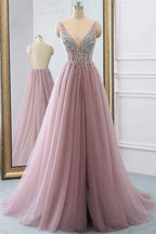 V Neck Sleeveless Long Prom Dress Tulle With Beads Rhinestones