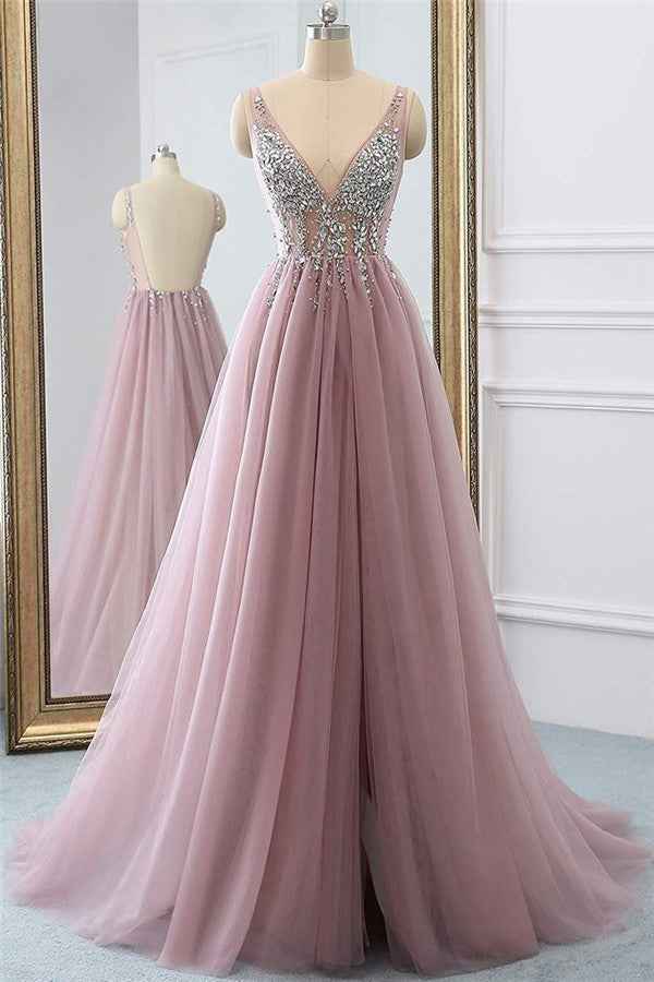 V Neck Sleeveless Long Prom Dress Tulle With Beads Rhinestones