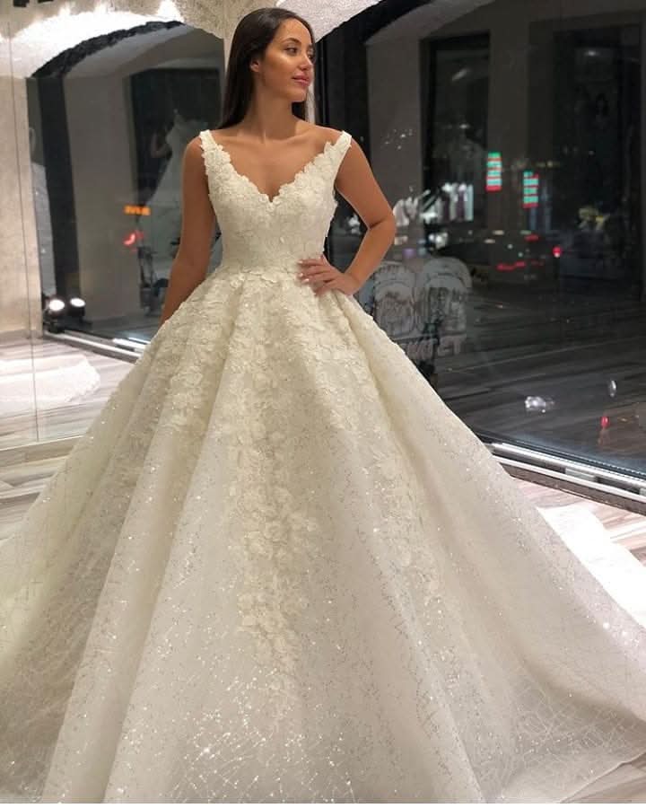 A-Line Deep V-Neck Floor-Length Wedding Dress with Lace and Sequin Appliques BM bride