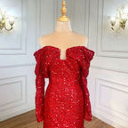 Fashion Red Sequin Prom Dress, Long Sleeves A-Line with Feather BM bride